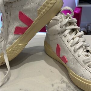 Veja White and Pink Retro Sneakers